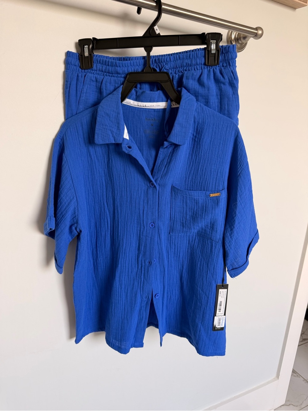 Nicole Miller Blue Short-Sleeve Button-Up Shirt & Shorts swim cover up set- S